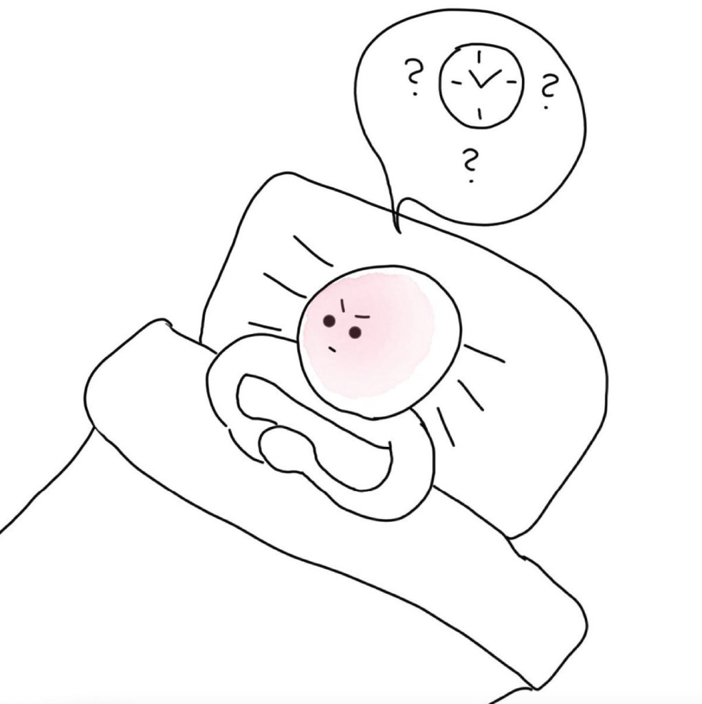 Illustration of a frustrated person lying in bed, unable to sleep, with a thought bubble showing a clock and question marks, representing insomnia and sleep anxiety.