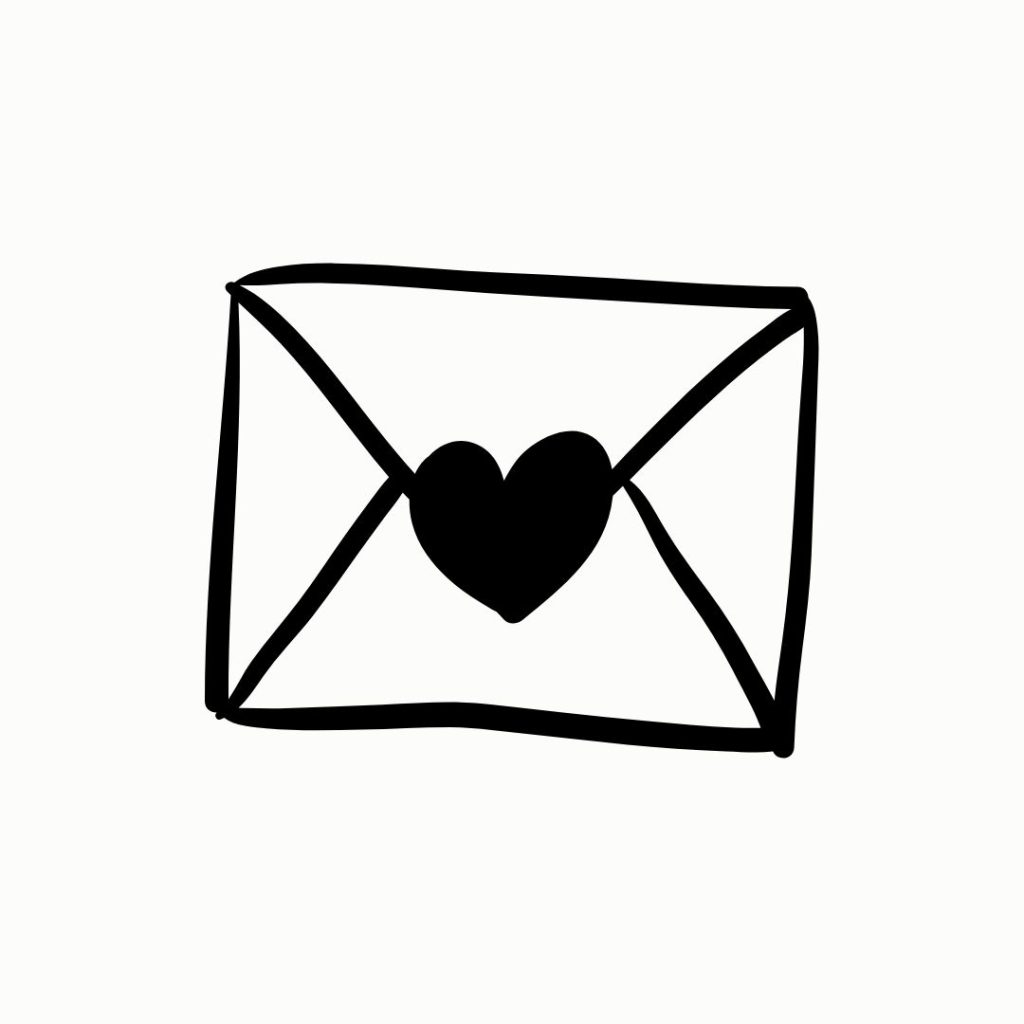 Hand-drawn envelope icon with a black heart seal, symbolizing email subscription.