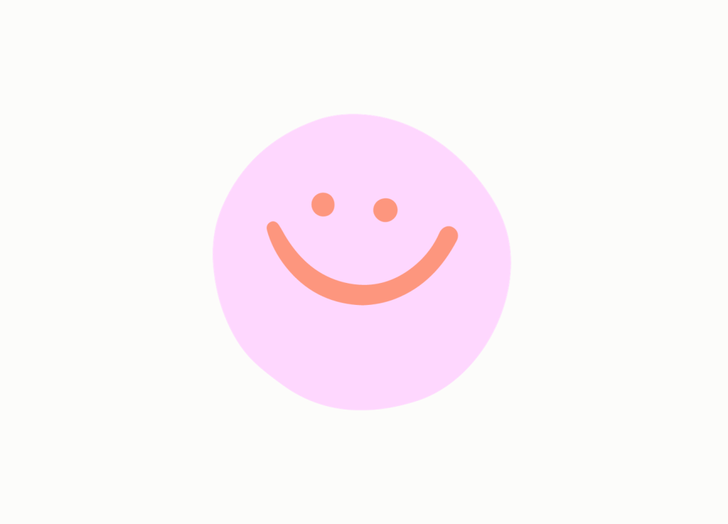 A pastel pink, abstract smiley face with round eyes and a curved smile, conveying happiness and positivity.