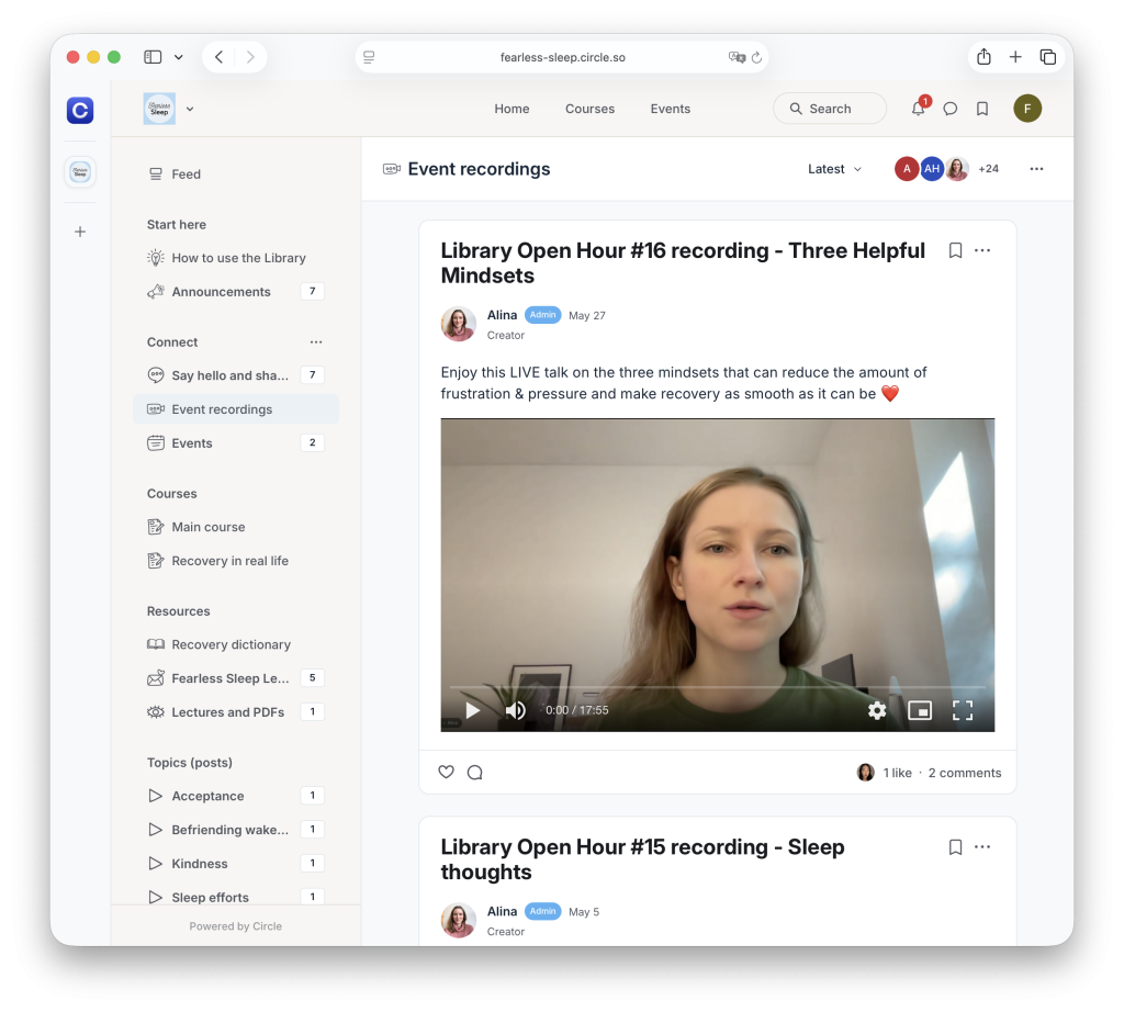 A screenshot displaying the Live open hours recordings inside the Fearless Sleep Library