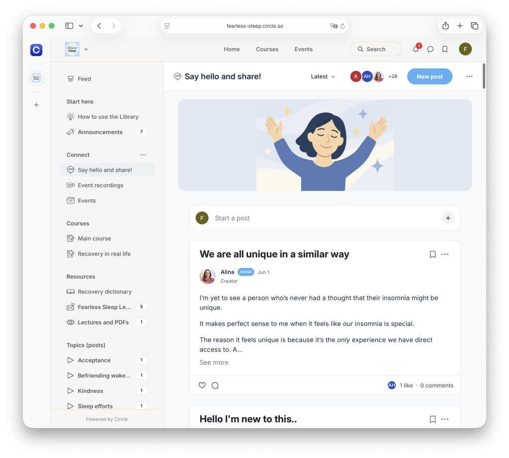 A screenshot displaying the "Say hello and share" space inside the Fearless Sleep Library