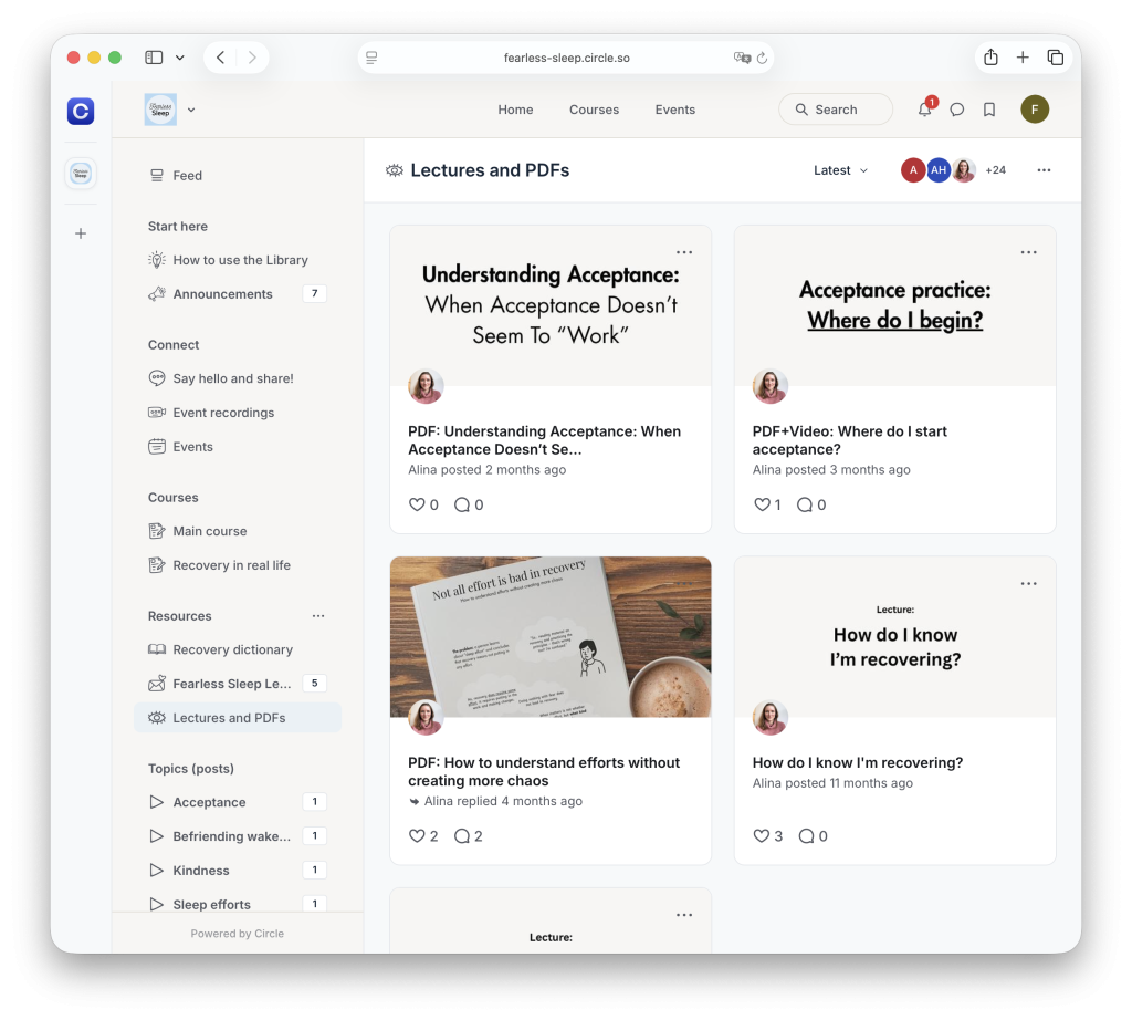 A screenshot of other supportive materials inside the Fearless Sleep Library